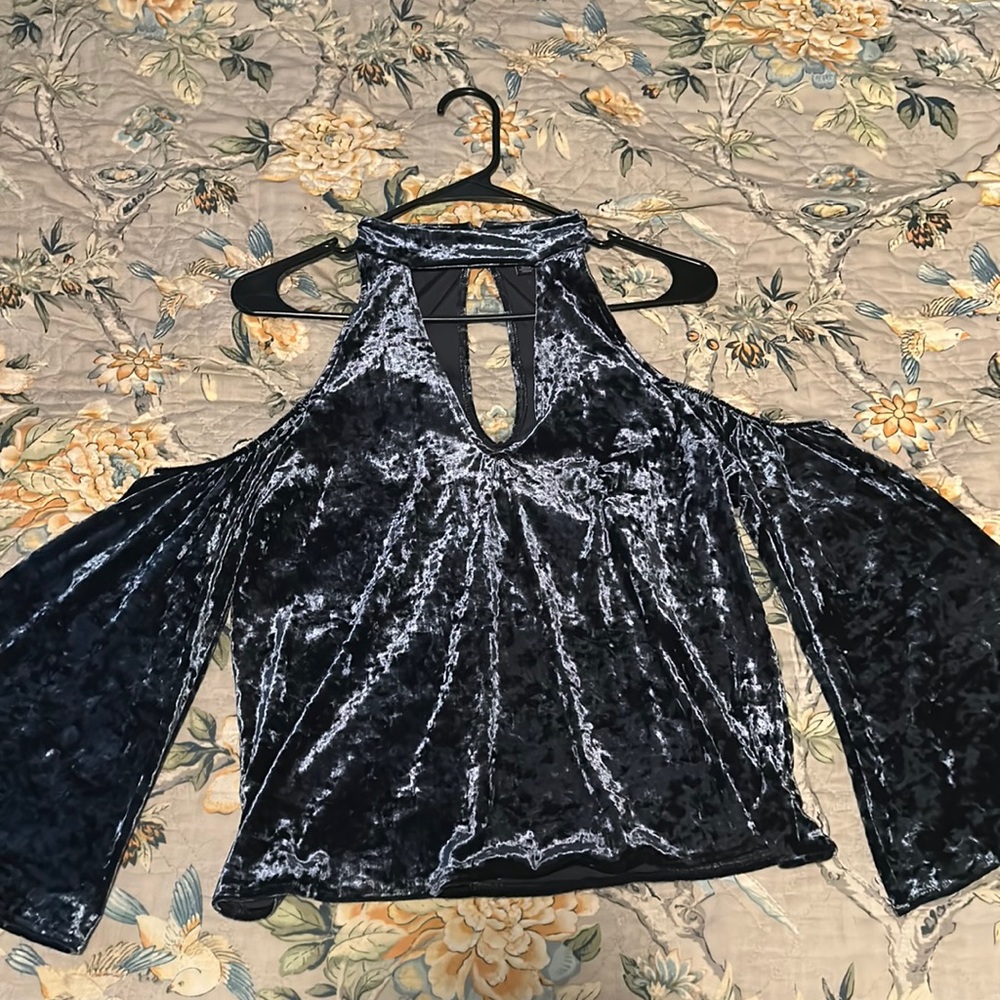 High Button Neck, Off-Shoulder, Velvet Blouse